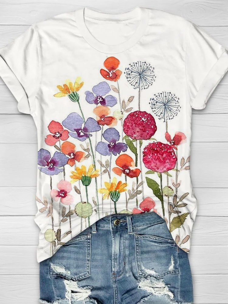 Floral round neck casual T-shirt