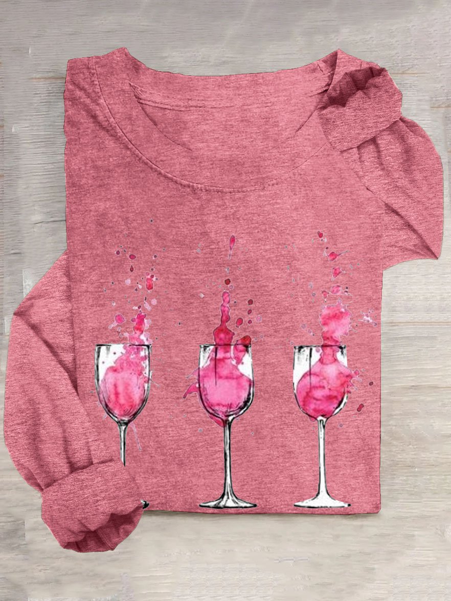 Red wine glass round neck casual T-shirt