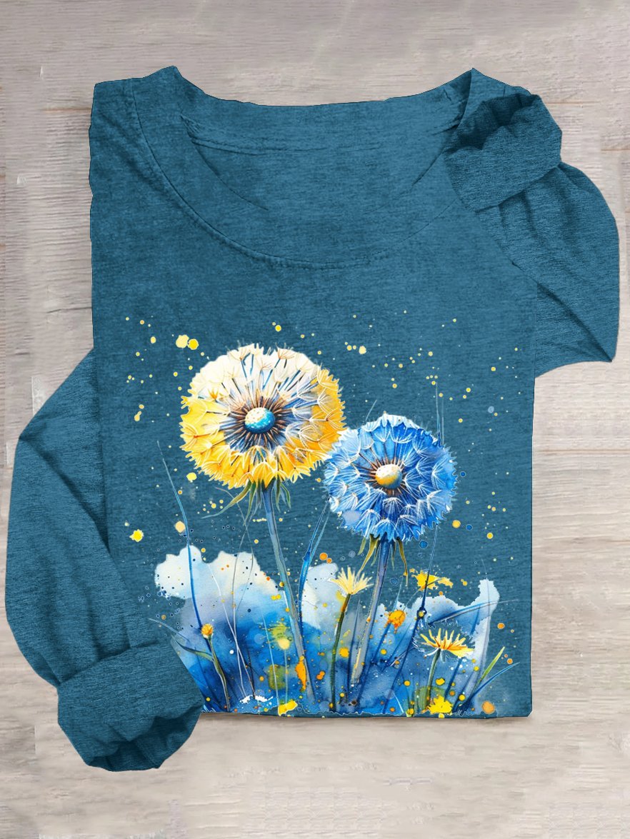 Dandelion Cotton-Blend Casual Crew Neck T-Shirt