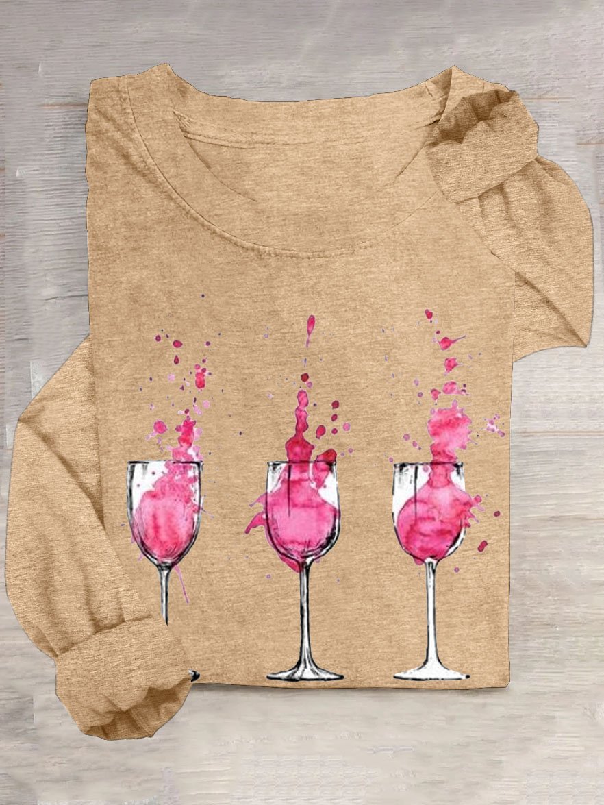 Red wine glass round neck casual T-shirt