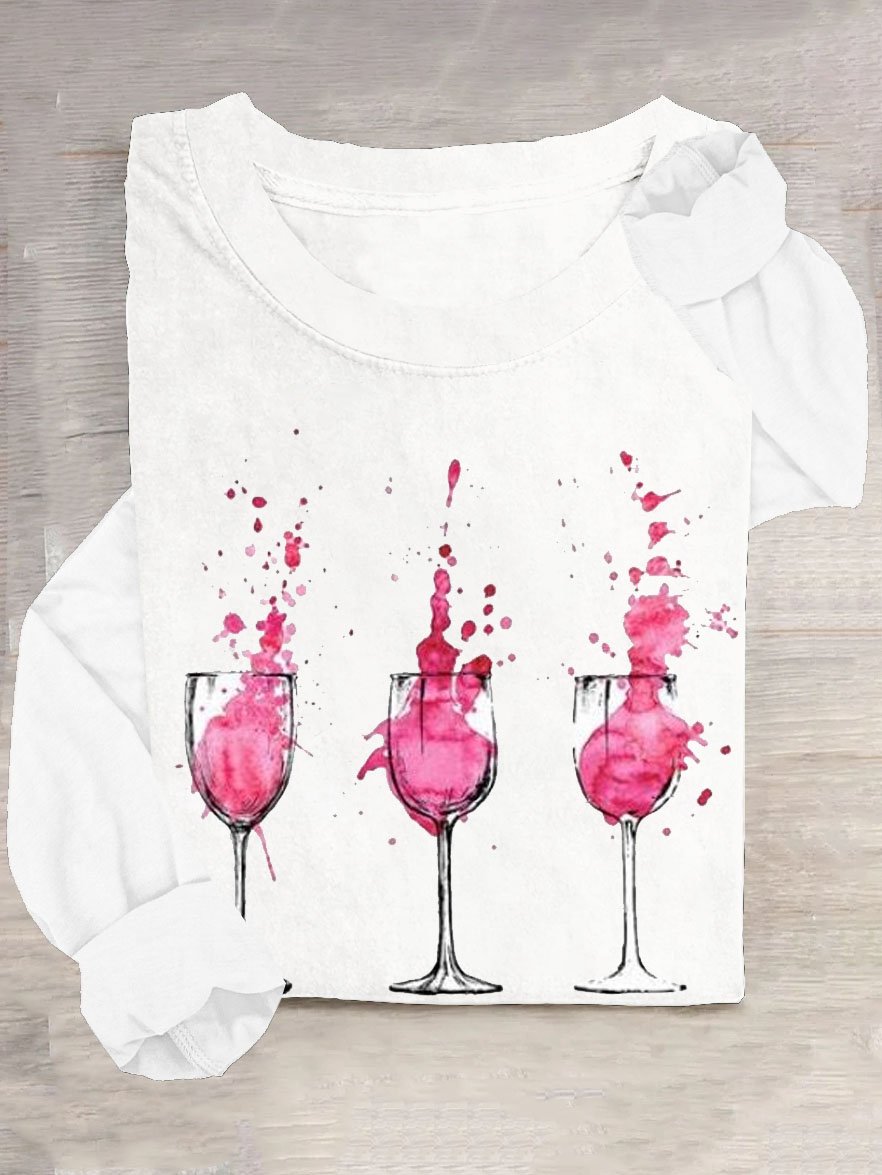 Red wine glass round neck casual T-shirt