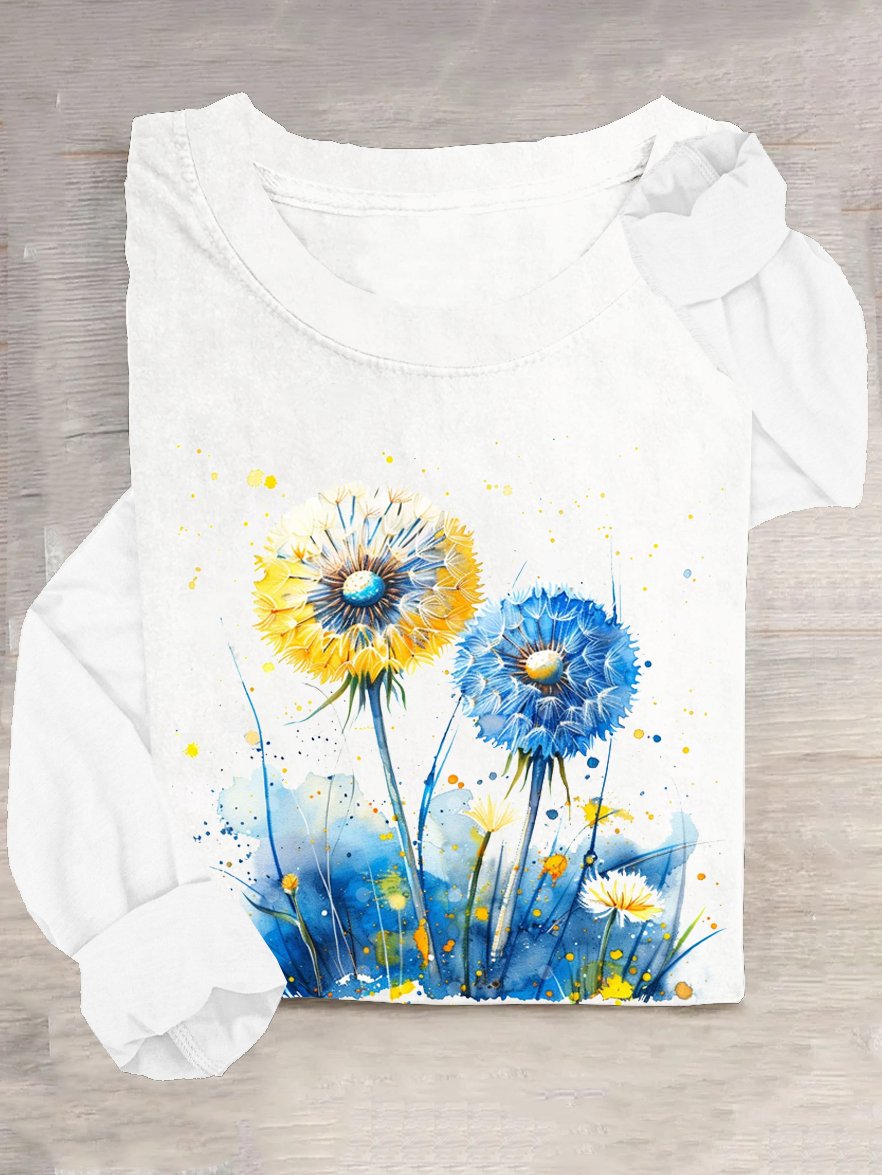 Dandelion Cotton-Blend Casual Crew Neck T-Shirt