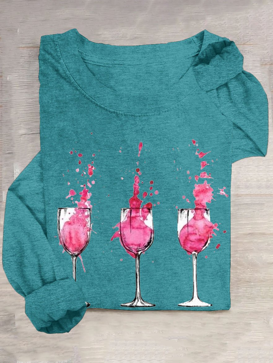 Red wine glass round neck casual T-shirt