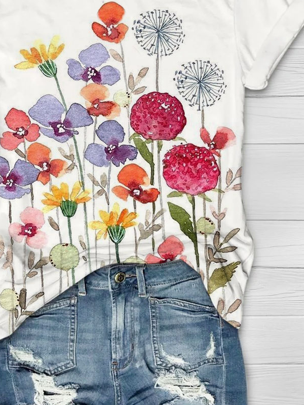 Floral round neck casual T-shirt