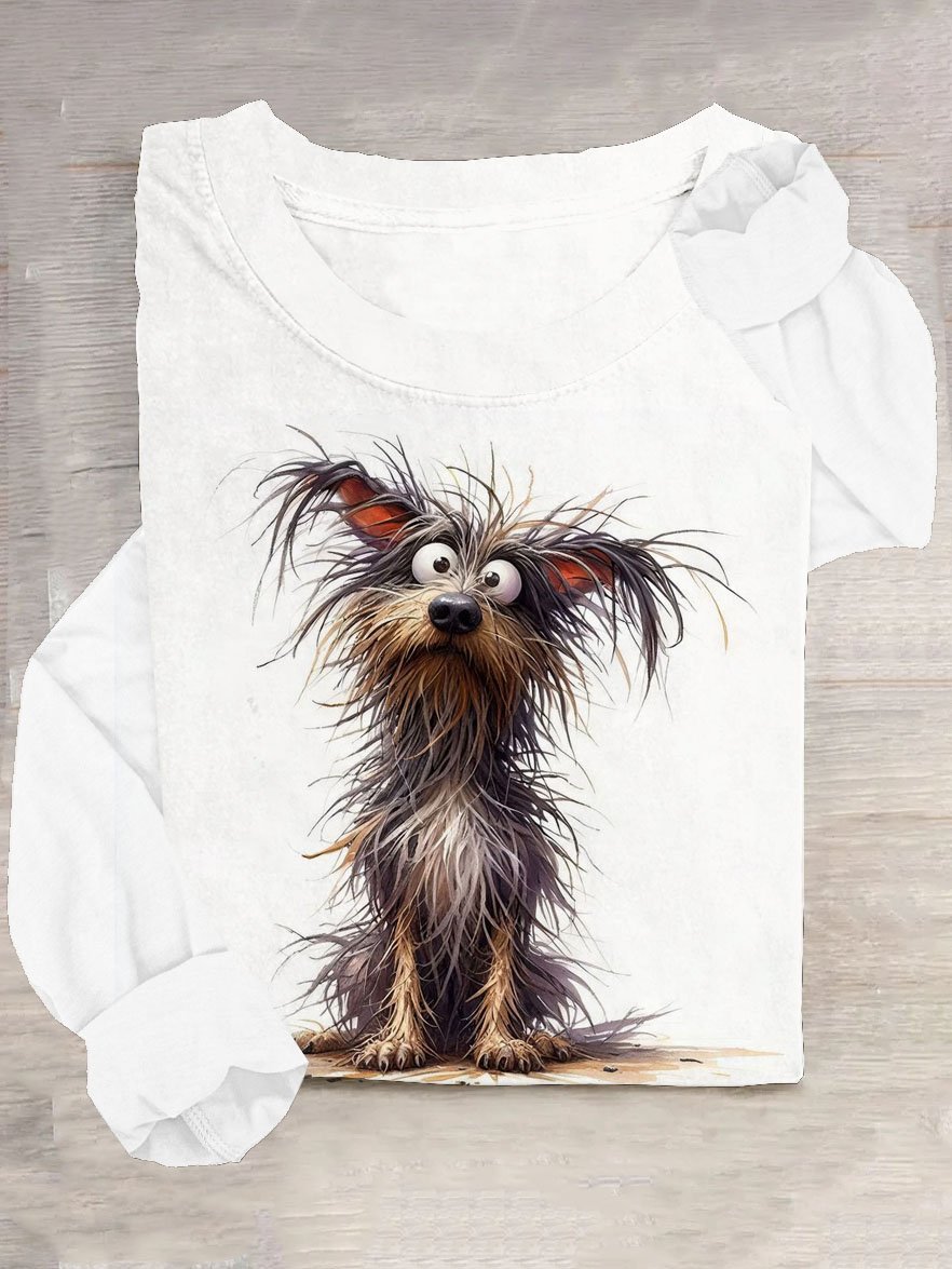 Funny Stray Dog Round Neck Casual T-shirt