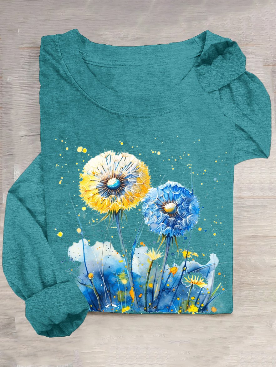 Dandelion Cotton-Blend Casual Crew Neck T-Shirt