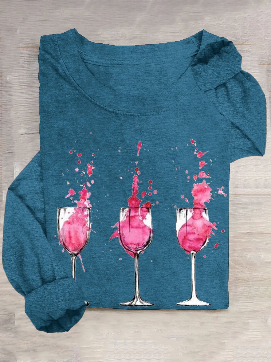 Red wine glass round neck casual T-shirt