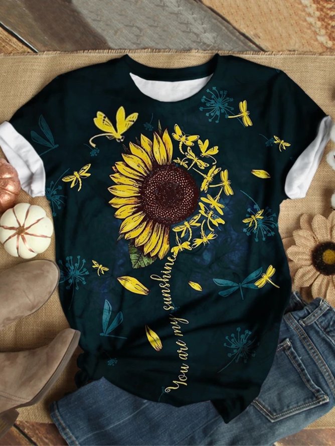 Casual Crew Neck Floral T-Shirt