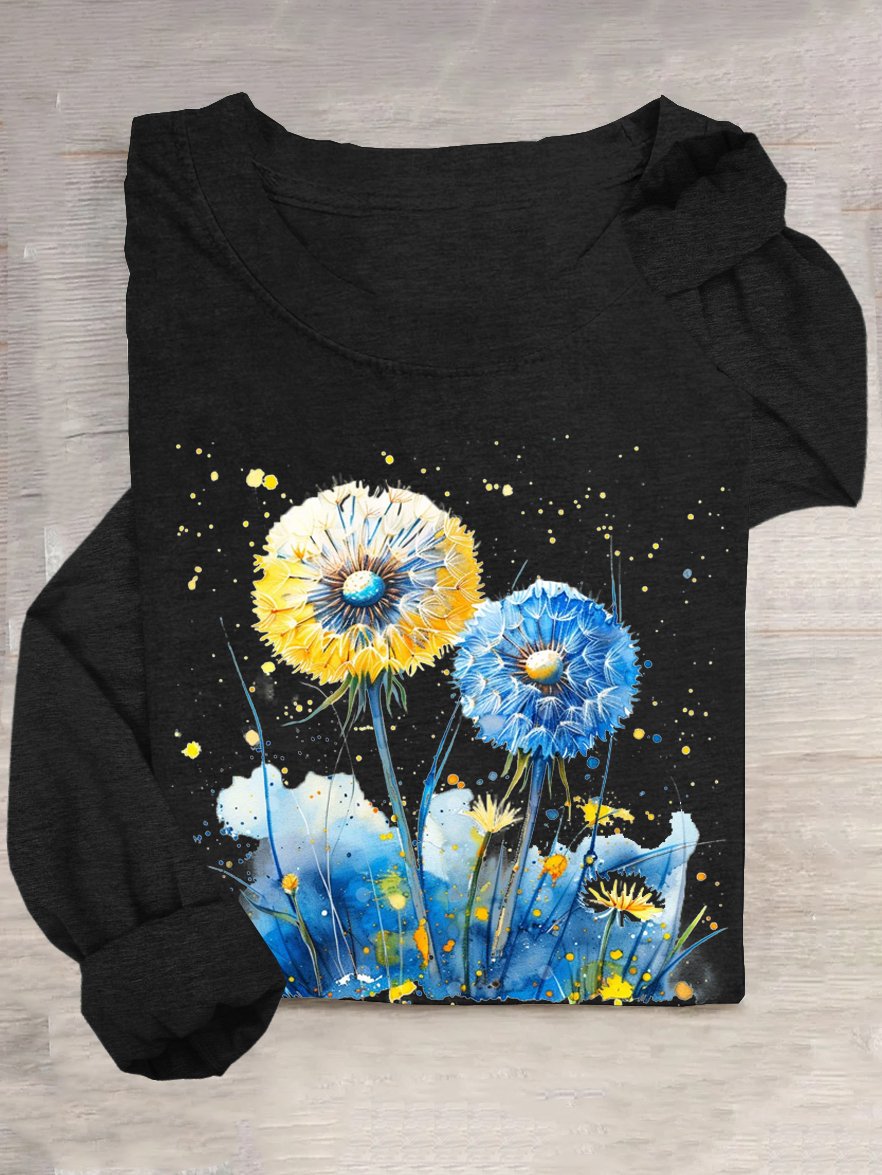 Dandelion Cotton-Blend Casual Crew Neck T-Shirt