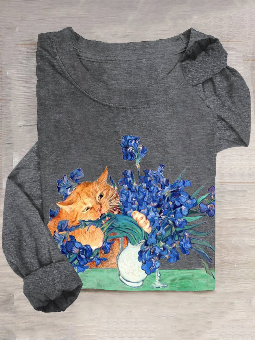 Casual Floral And Cat Crew Neck T-Shirt