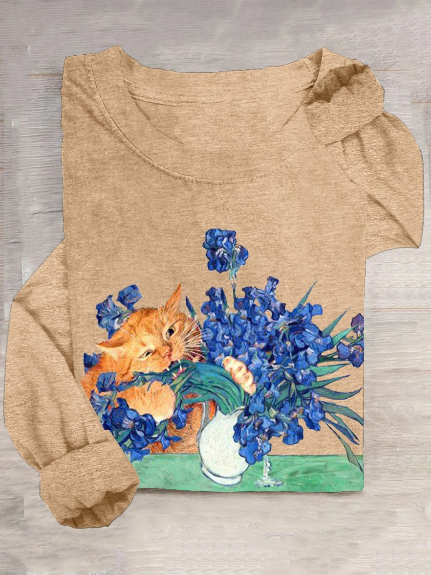 Casual Floral And Cat Crew Neck T-Shirt