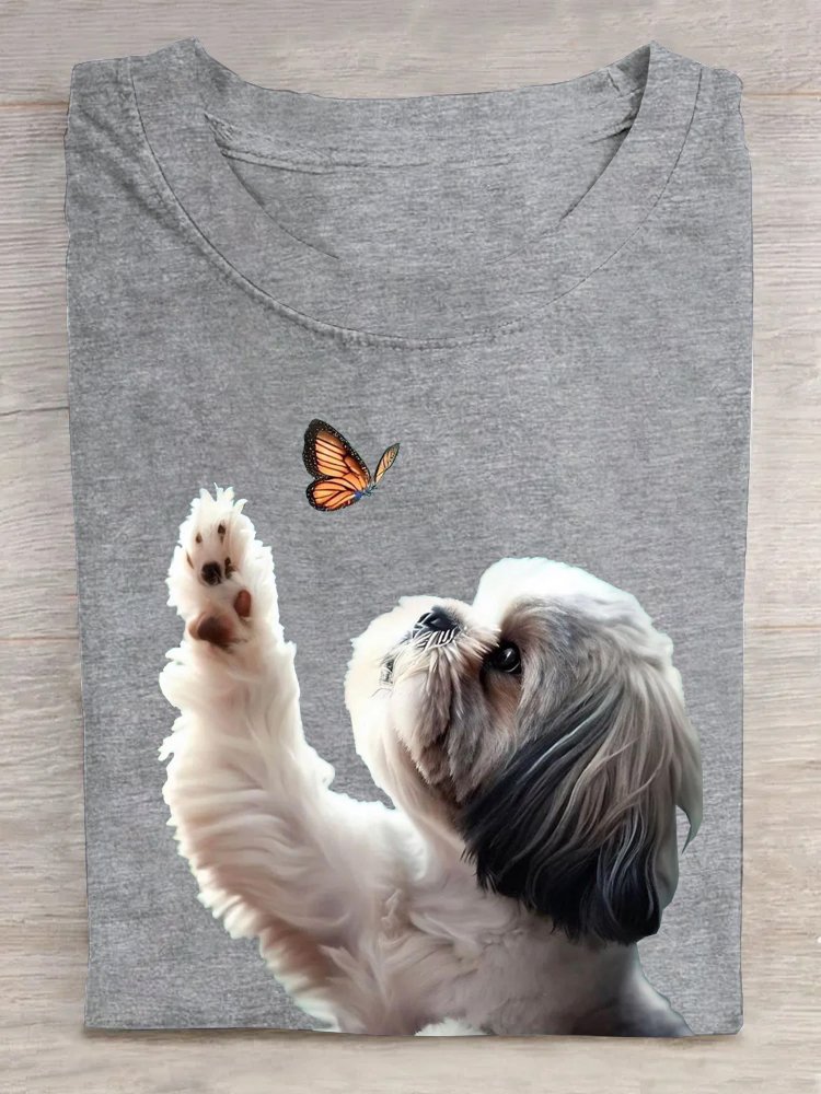 Crew Neck Dog Cotton Casual T-Shirt