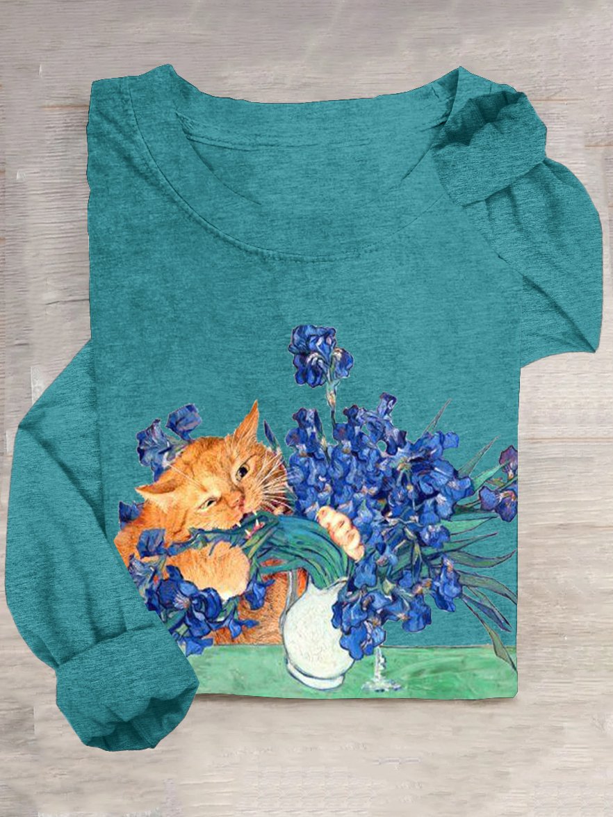 Casual Floral And Cat Crew Neck T-Shirt