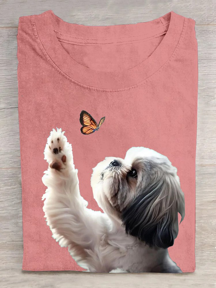 Crew Neck Dog Cotton Casual T-Shirt