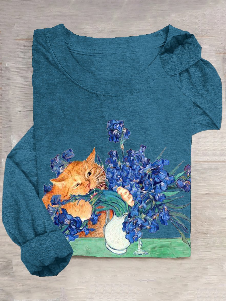 Casual Floral And Cat Crew Neck T-Shirt