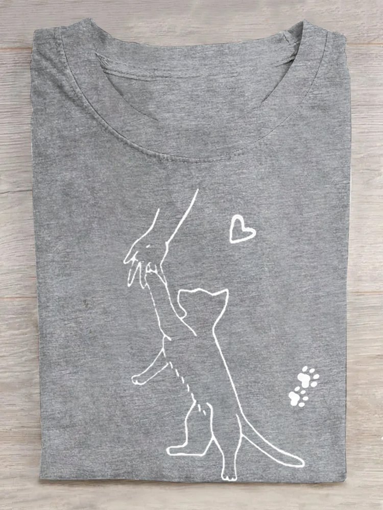 Casual Cotton Crew Neck Cat T-Shirt