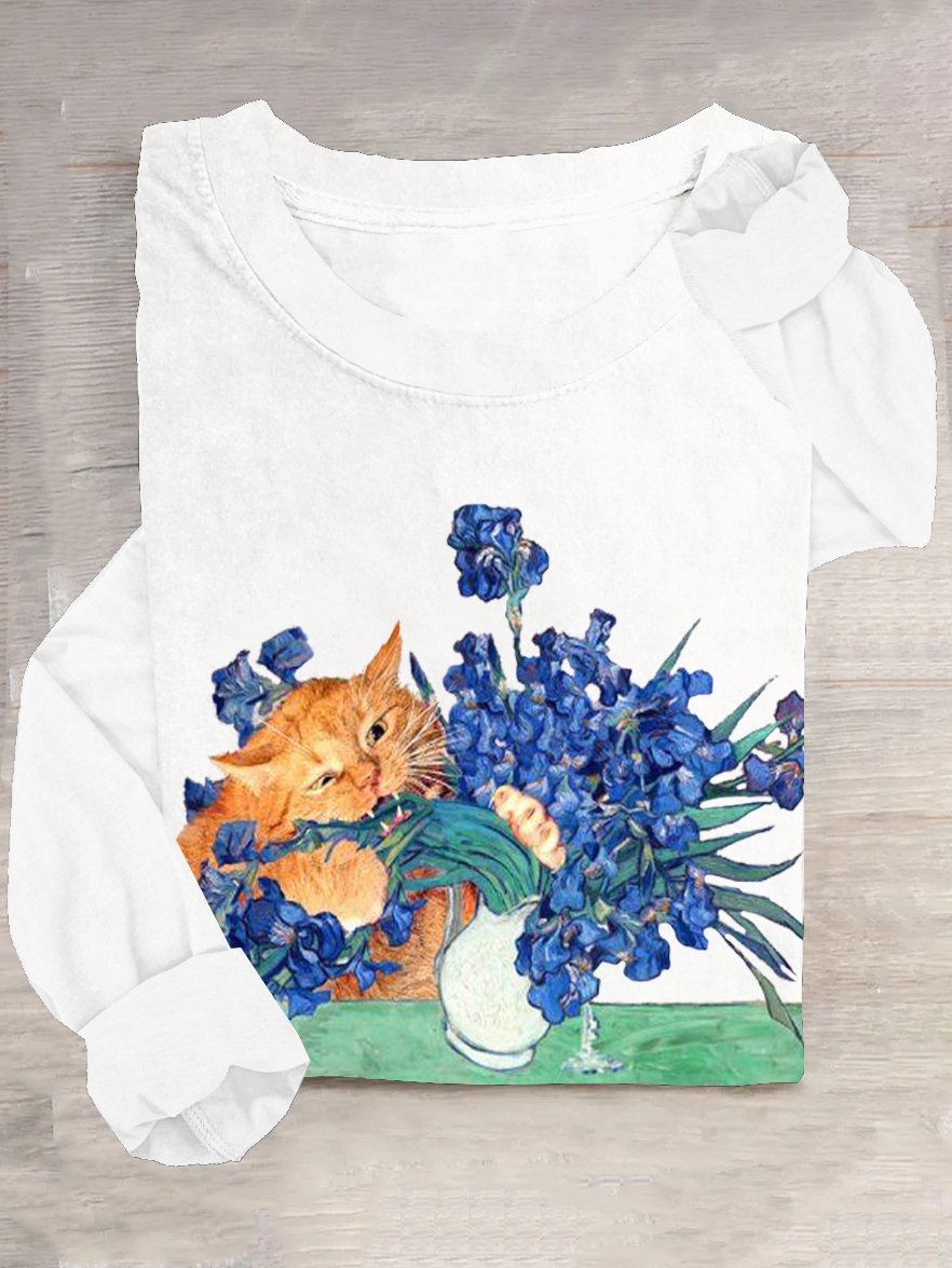 Casual Floral And Cat Crew Neck T-Shirt