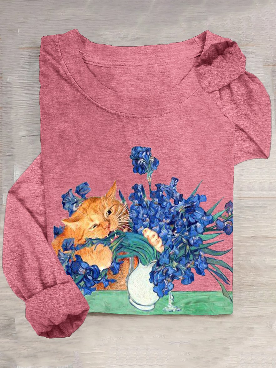 Casual Floral And Cat Crew Neck T-Shirt