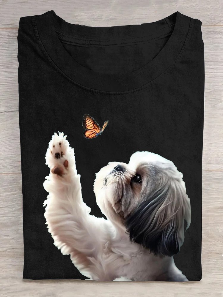 Crew Neck Dog Cotton Casual T-Shirt