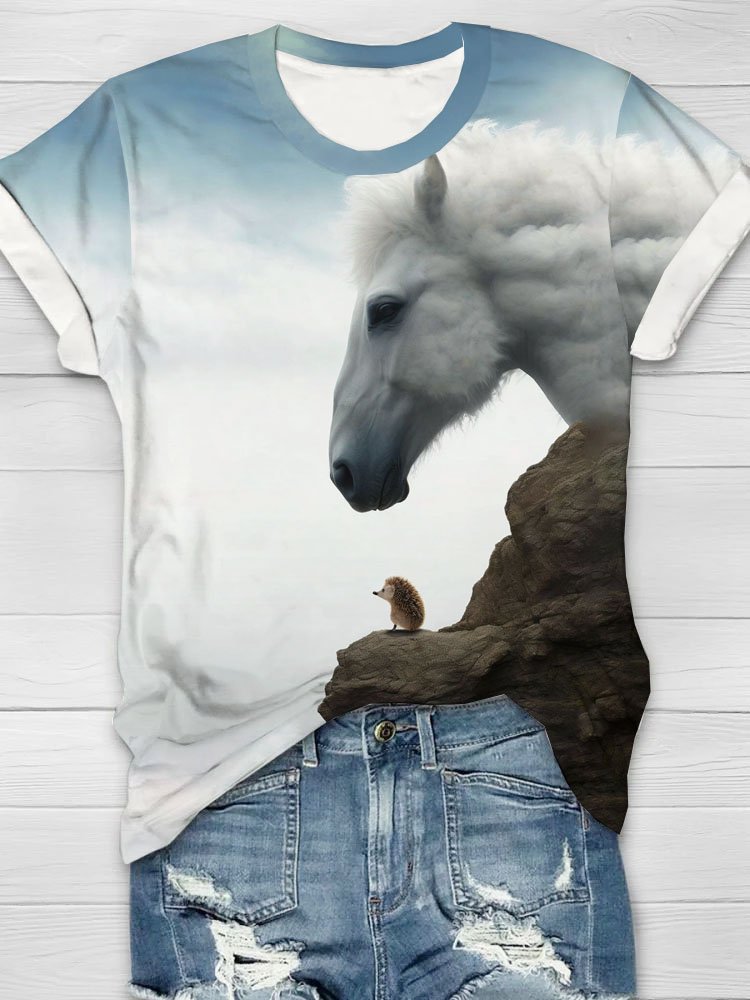 Horse and Hedgehog Printed Casual T-shirt