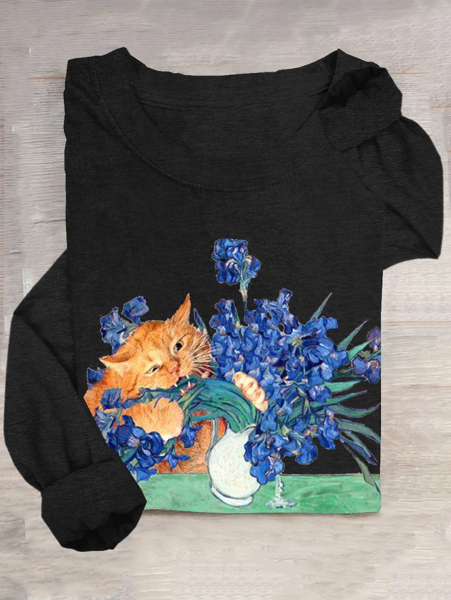 Casual Floral And Cat Crew Neck T-Shirt