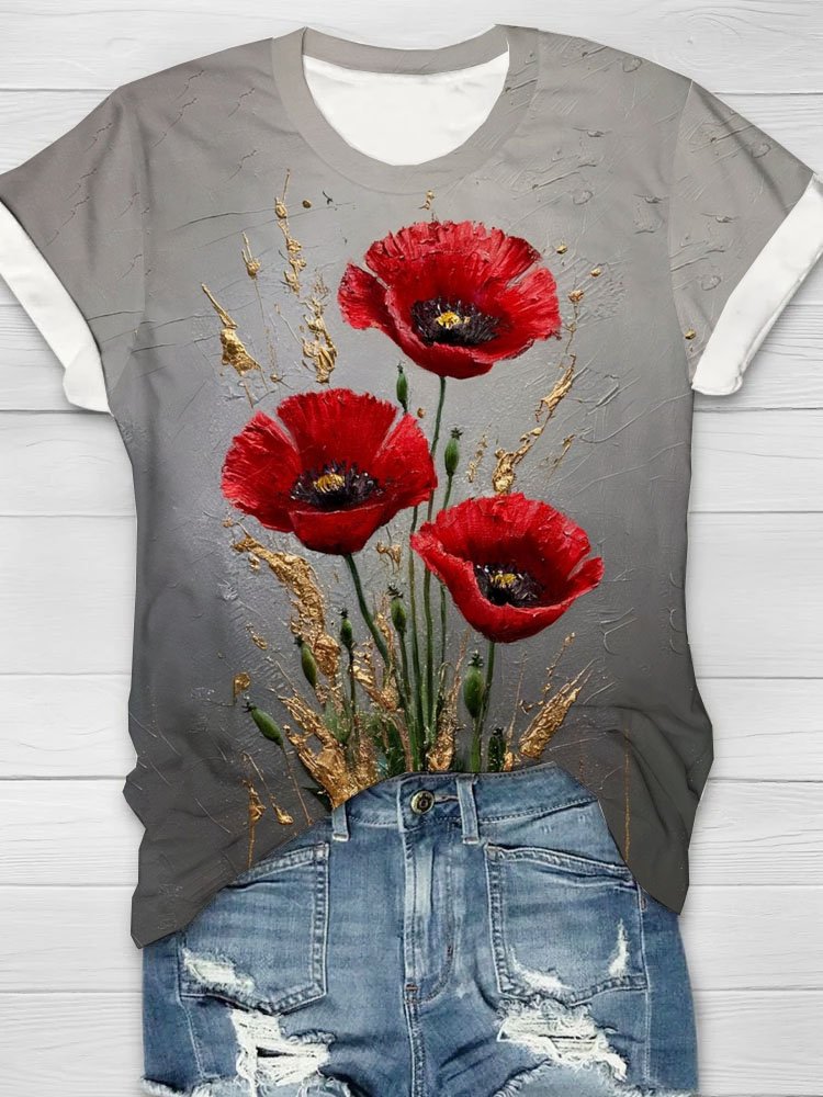 Floral printed round neck casual T-shirt