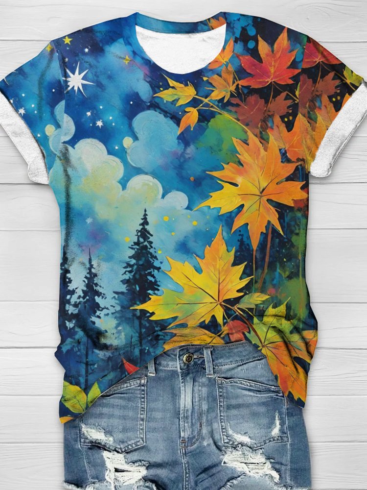 Crew Neck Maple Leaf Casual T-Shirt