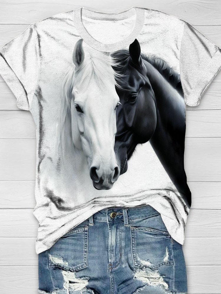 Casual Crew Neck Horse Loose T-Shirt