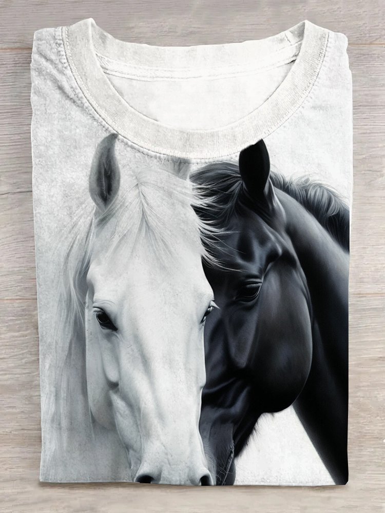 Casual Crew Neck Horse Loose T-Shirt