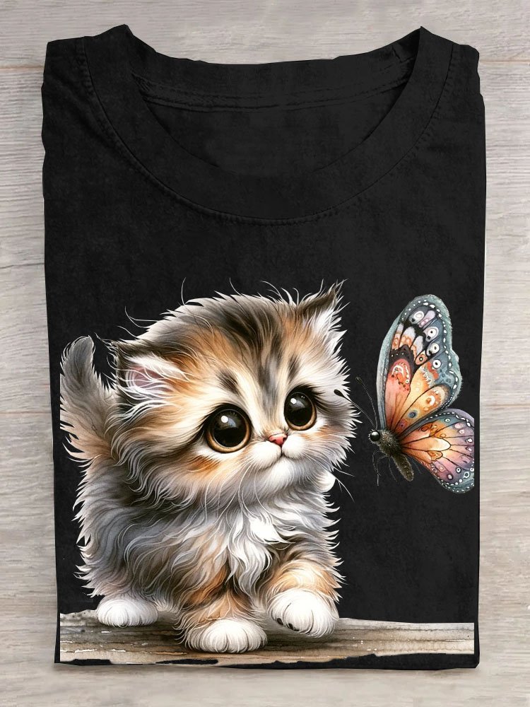 Cat and butterfly print round neck T-shirt