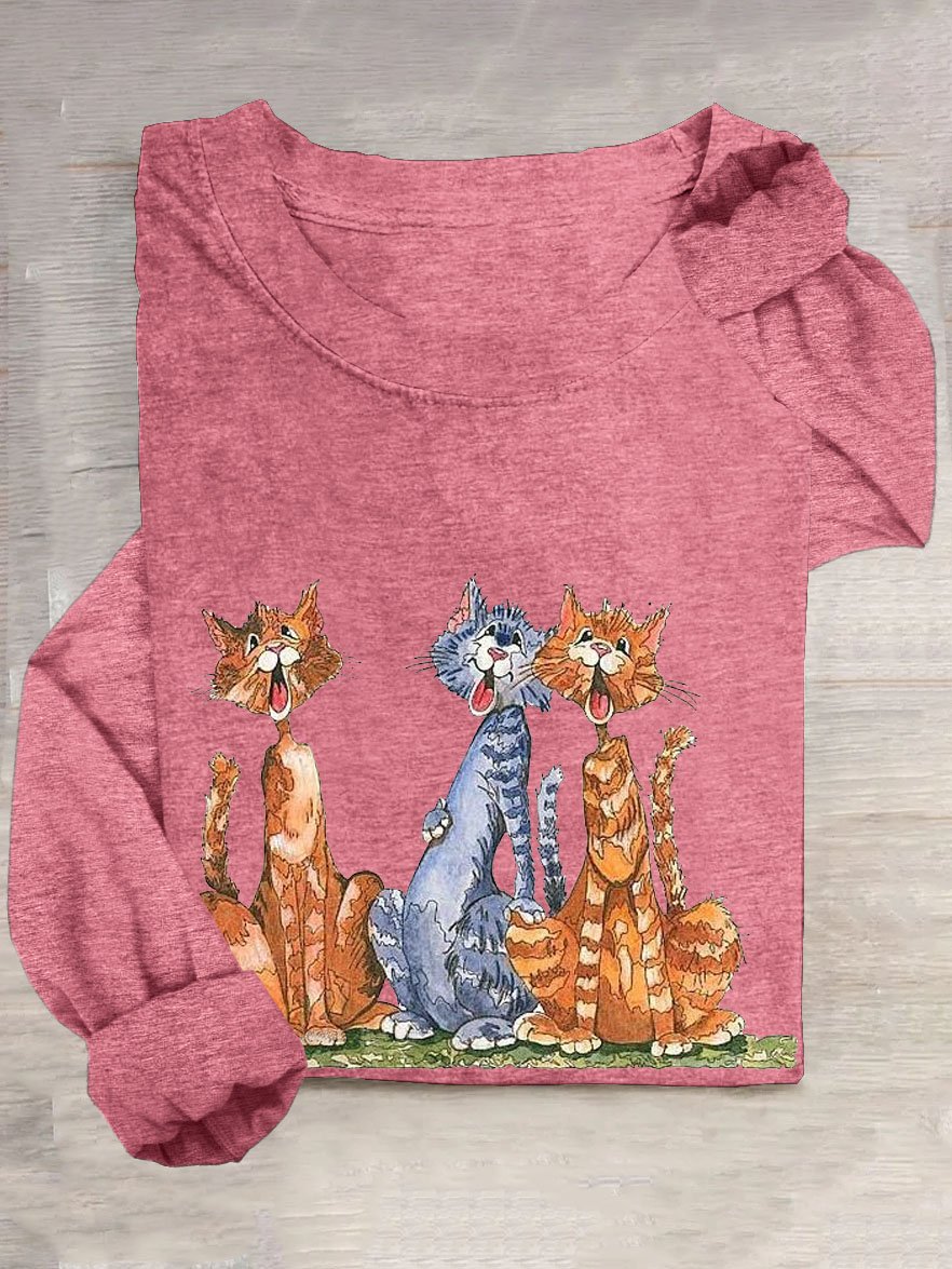 Funny cat print round neck long sleeved T-shirt