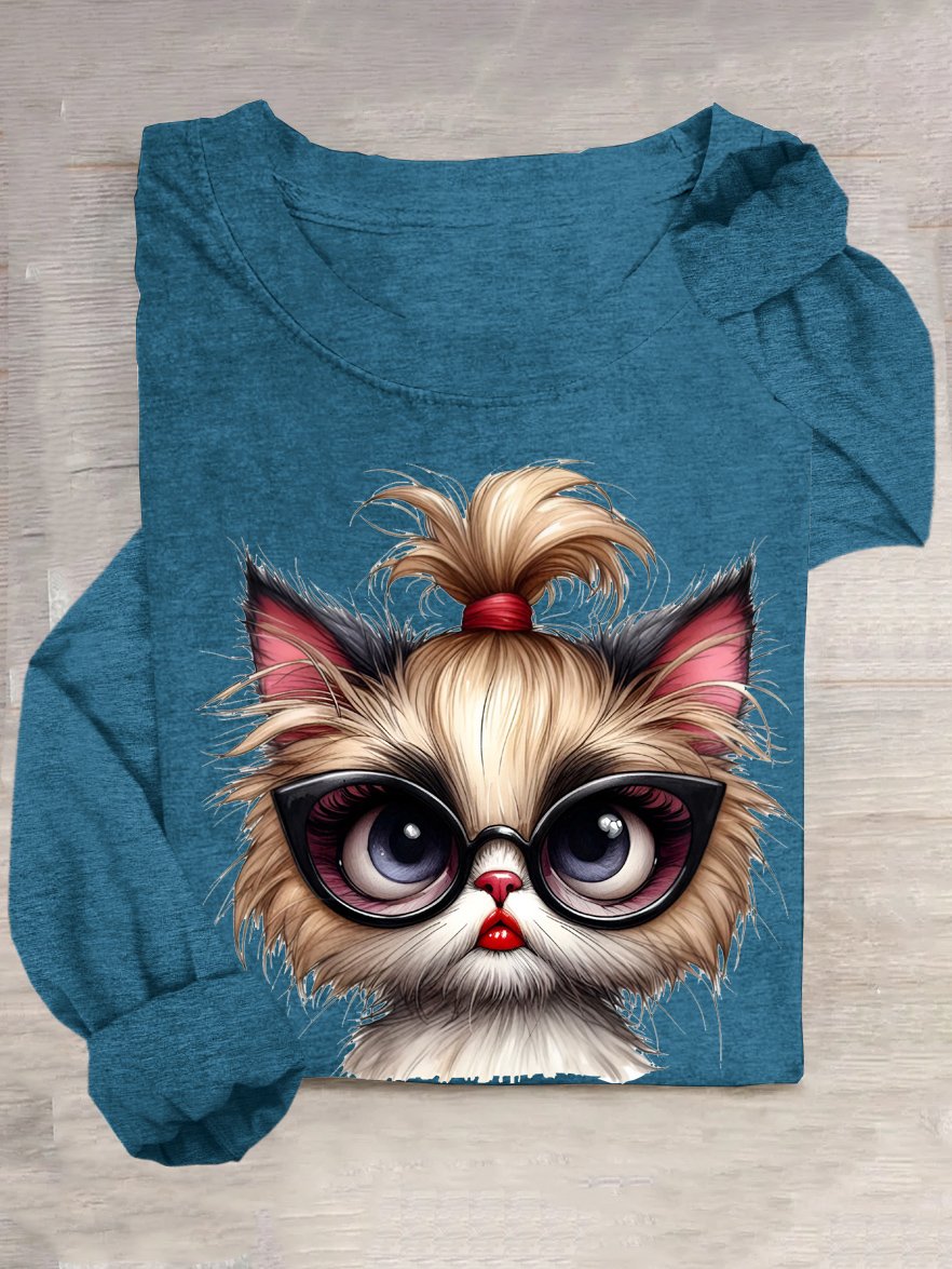 Cotton-Blend Loose Casual Cute Kitten T-Shirt