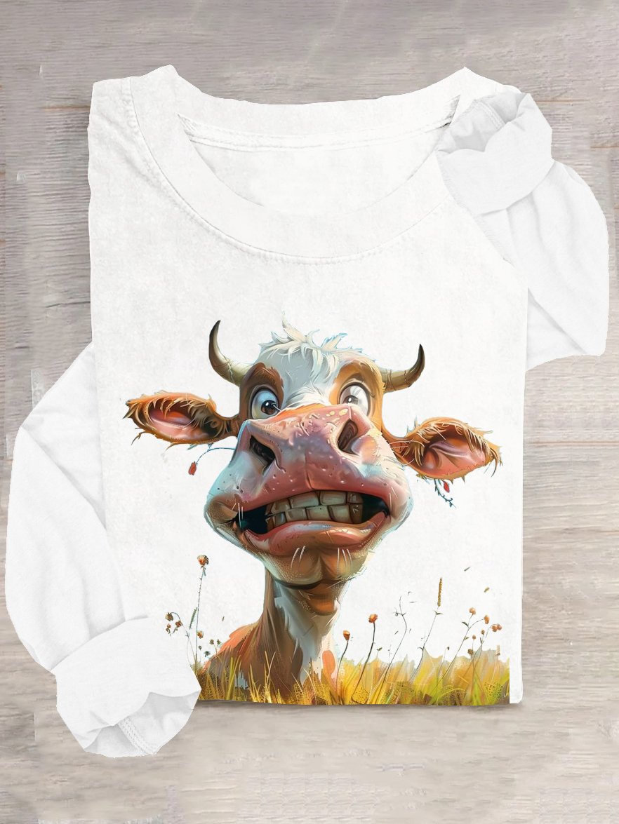 Crew Neck Cattle Cotton-Blend Casual T-Shirt