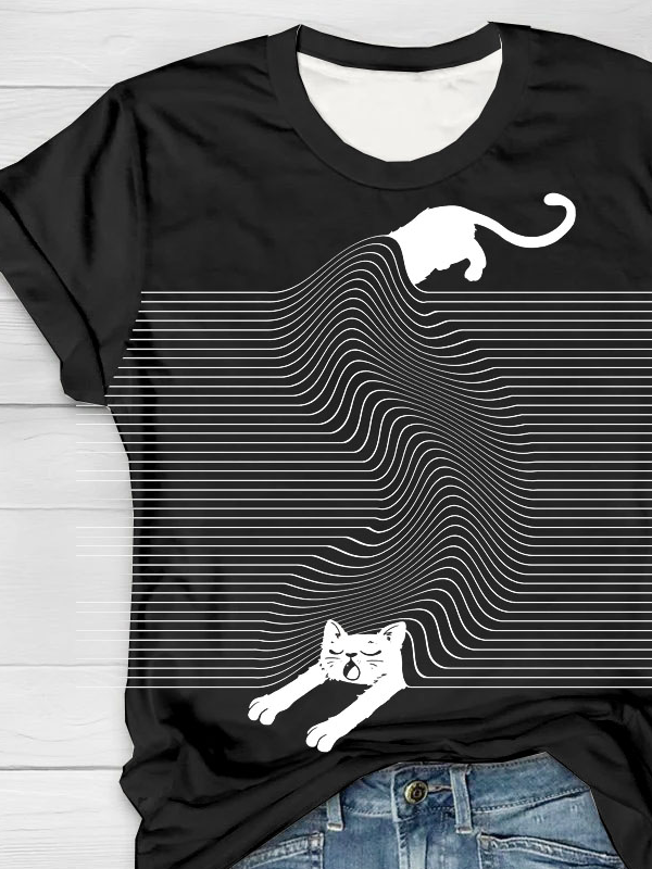 Abstract funny cat print round neck T-shirt