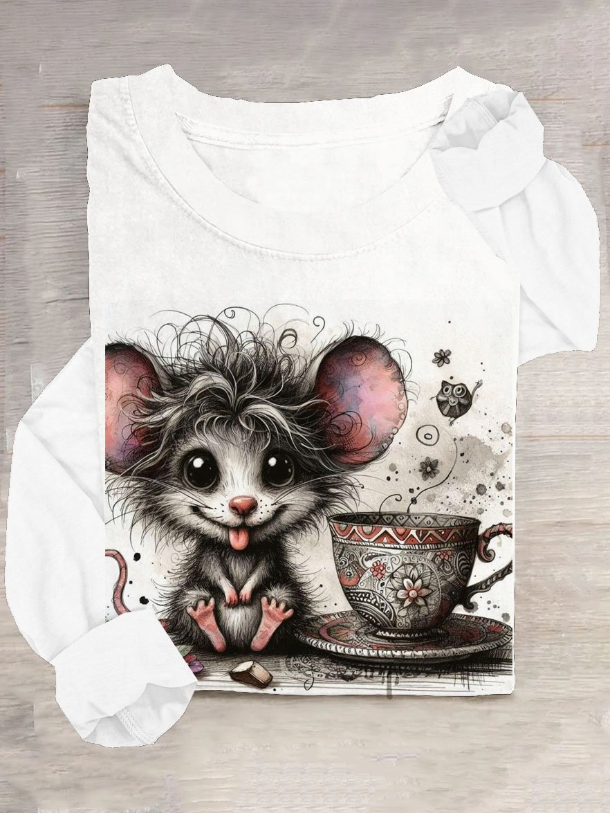 Funny Mouse Printed Round Neck Long Sleeve T-shirt