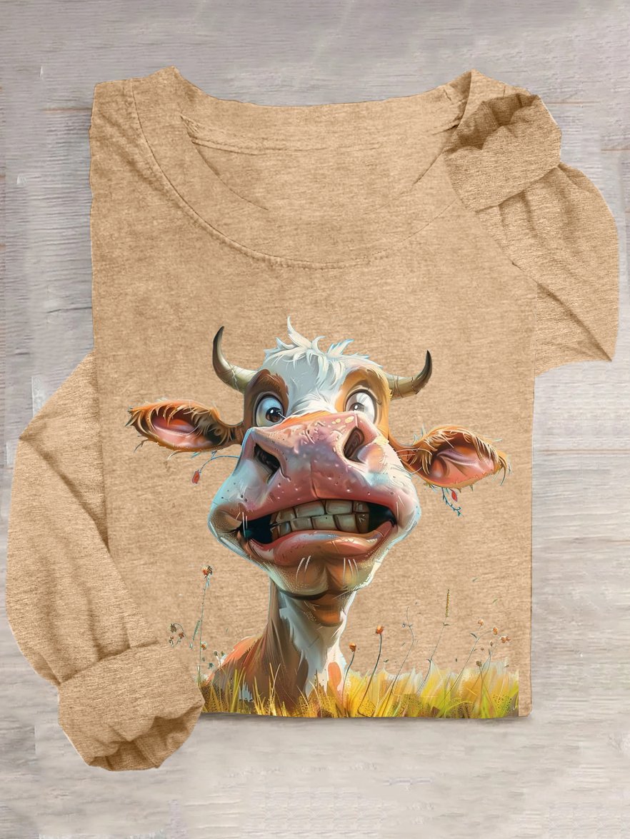 Crew Neck Cattle Cotton-Blend Casual T-Shirt