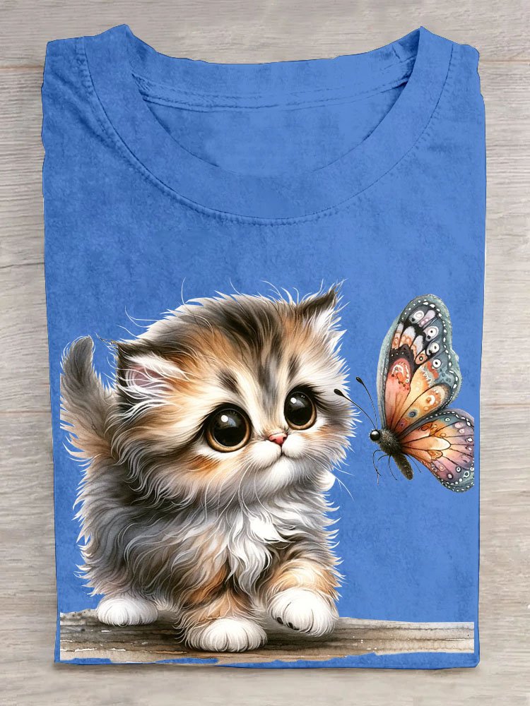 Cat and butterfly print round neck T-shirt