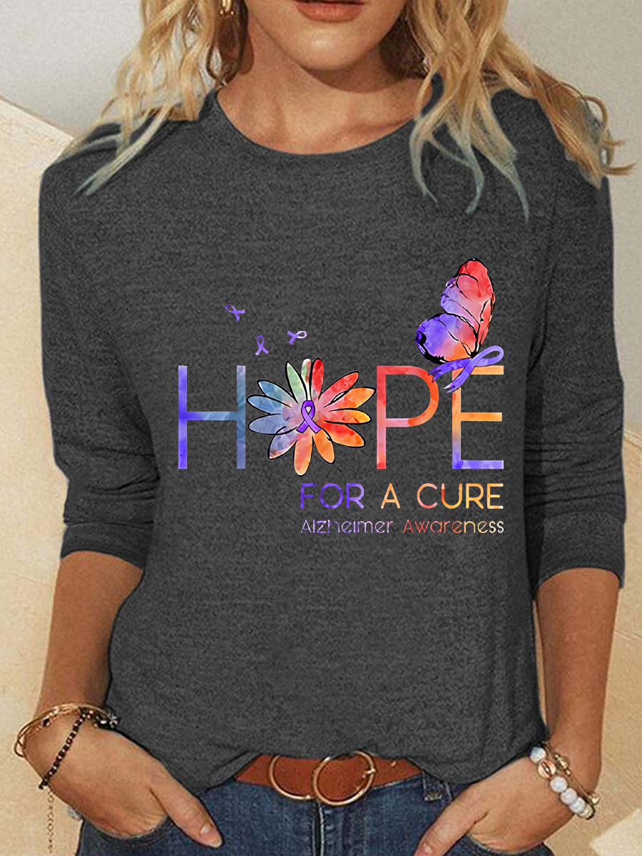 Women's Hope For A Cure Purple Ribbon Alzheimer's Awareness Fighter Supporter Casual Long Sleeve Shirt