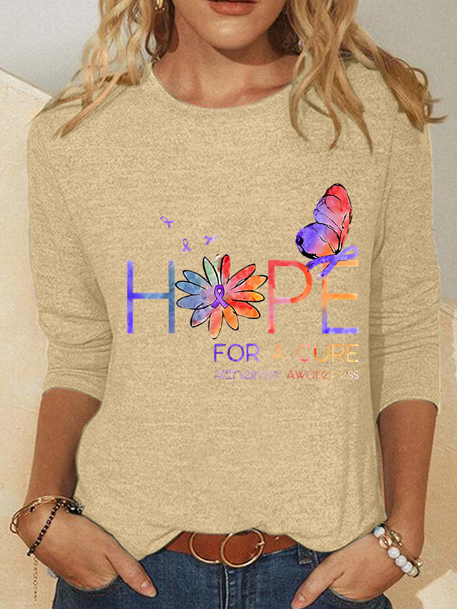 Women's Hope For A Cure Purple Ribbon Alzheimer's Awareness Fighter Supporter Casual Long Sleeve Shirt