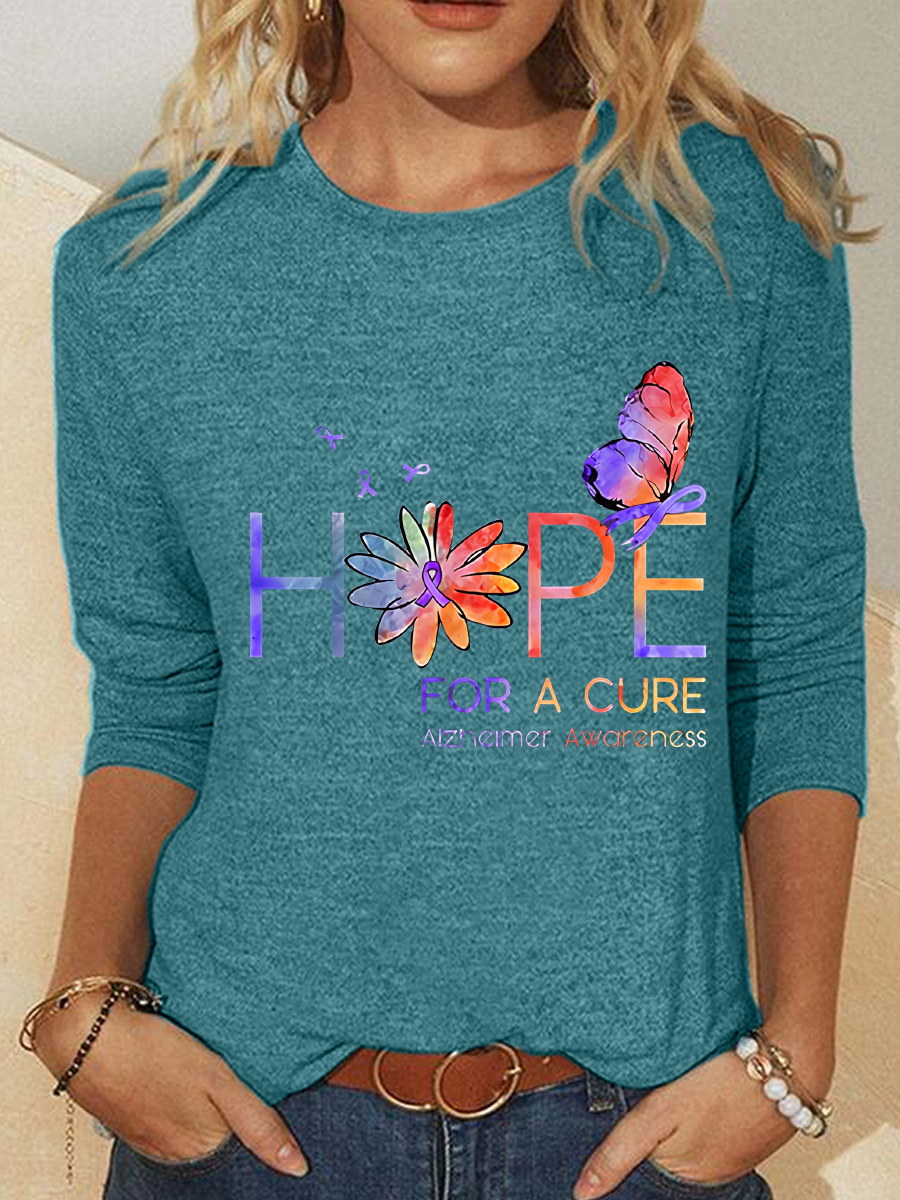 Women's Hope For A Cure Purple Ribbon Alzheimer's Awareness Fighter Supporter Casual Long Sleeve Shirt