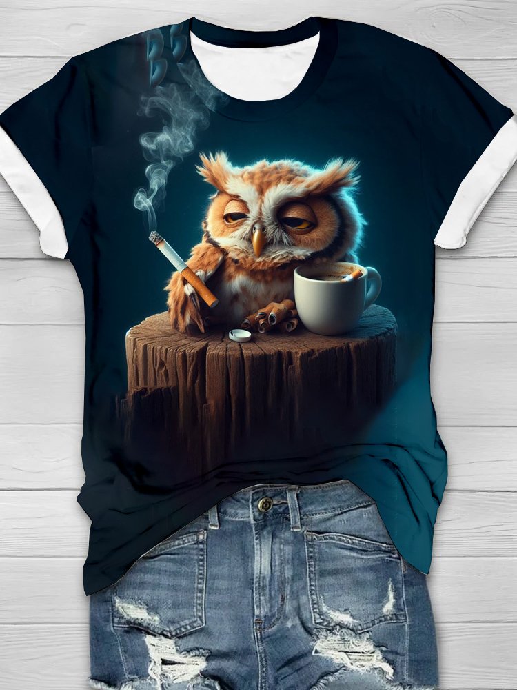 Lazy Coffee Owl Cotton T-shirt