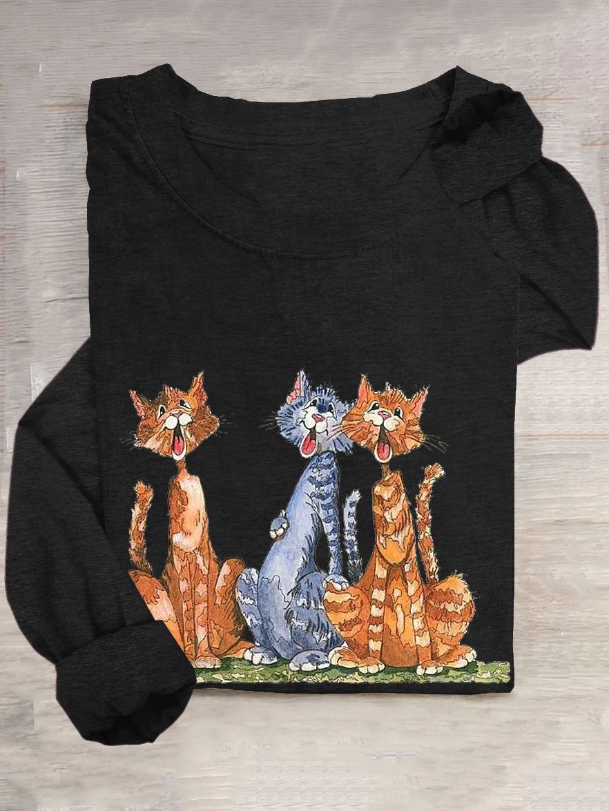 Funny cat print round neck long sleeved T-shirt