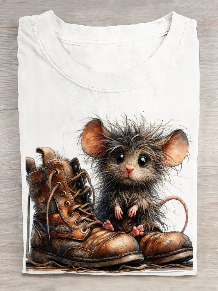 Funny Mouse Printed Round Neck Short Sleeve T-shirt