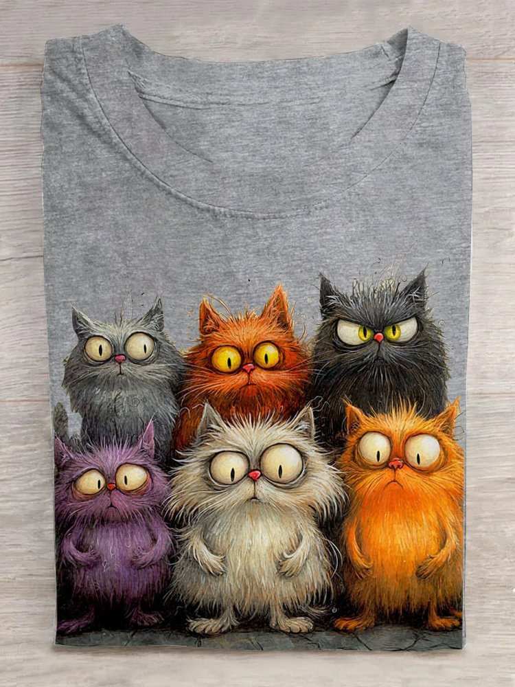 Loose Cat Crew Neck Casual T-Shirt