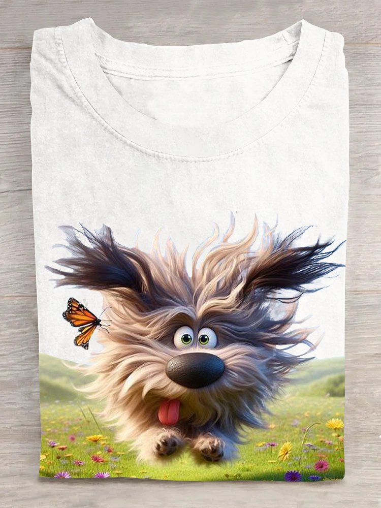 Casual Cotton Dog Loose Crew Neck T-Shirt