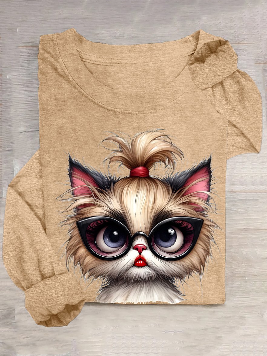 Cotton-Blend Loose Casual Cute Kitten T-Shirt