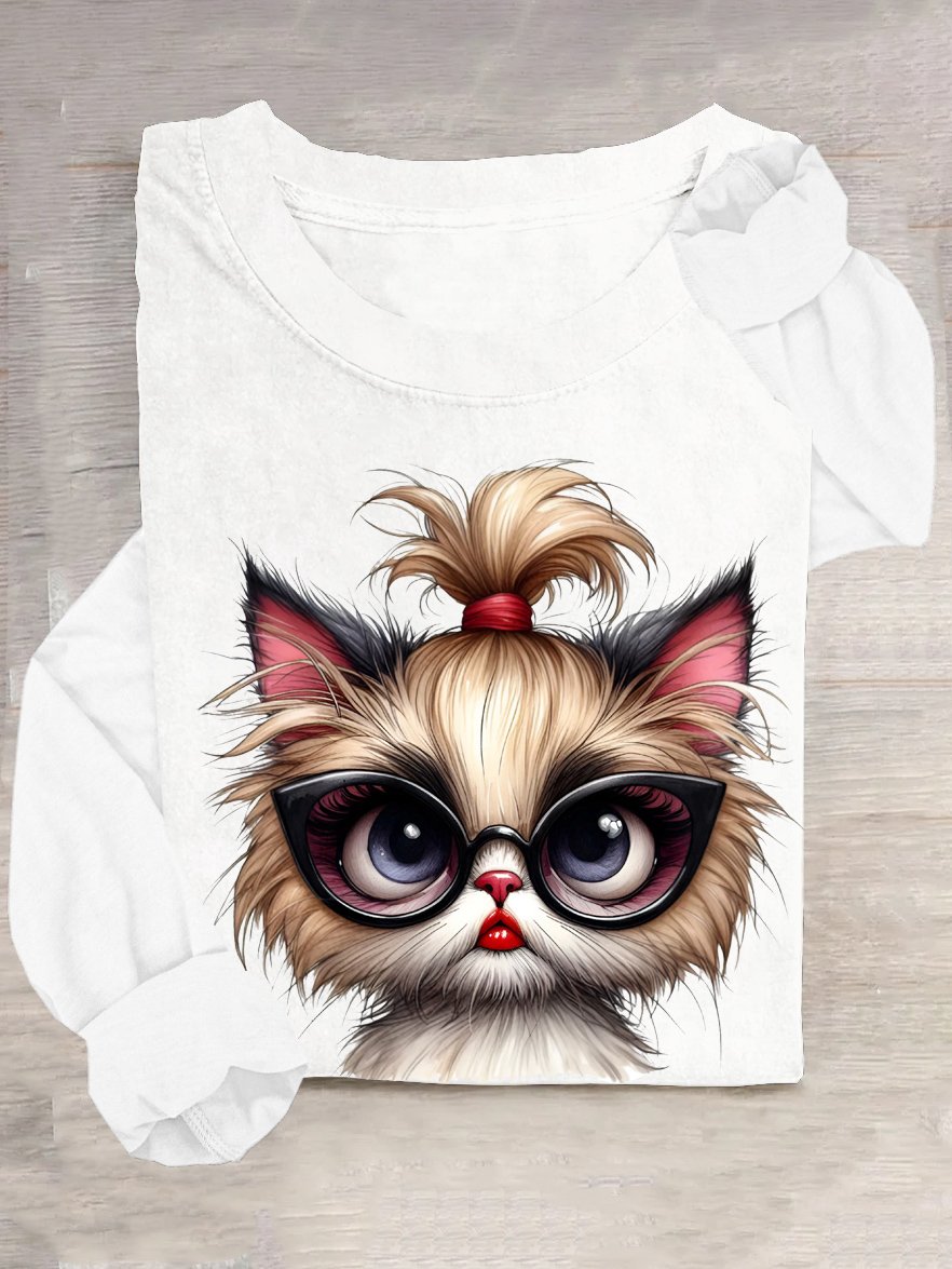 Cotton-Blend Loose Casual Cute Kitten T-Shirt