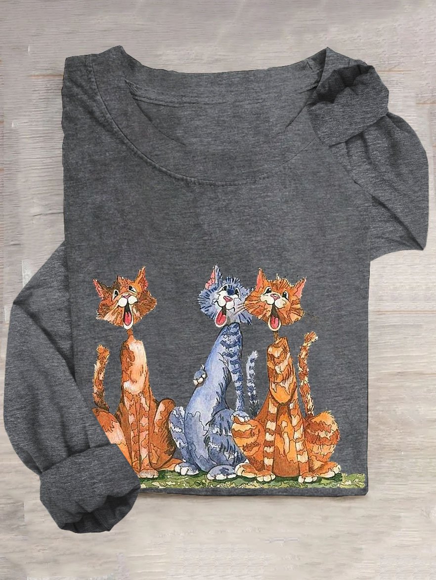 Funny cat print round neck long sleeved T-shirt