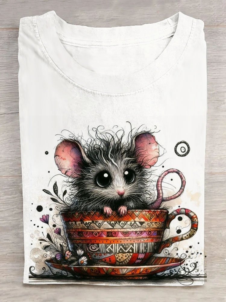 Funny Mouse Printed Round Neck Short Sleeve T-shirt