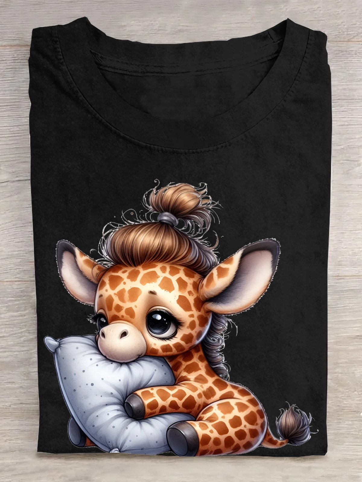 Cotton Cute Giraffe Sleeping on Pillow T-Shirt